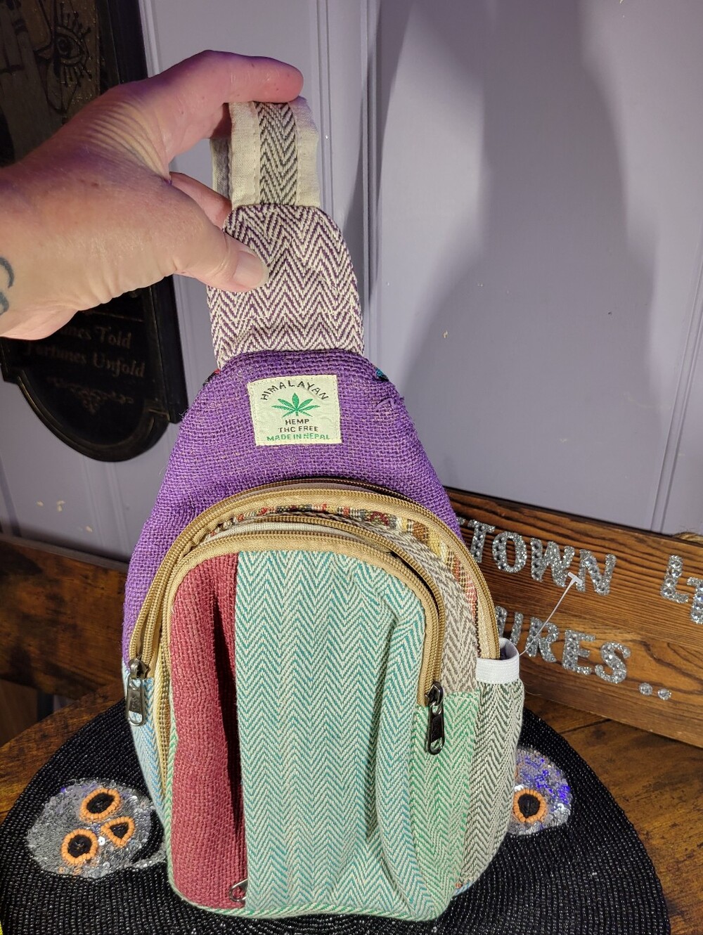 Himalayan Hemp handcrafted Multicolor Sling Bag - Purple & Mint